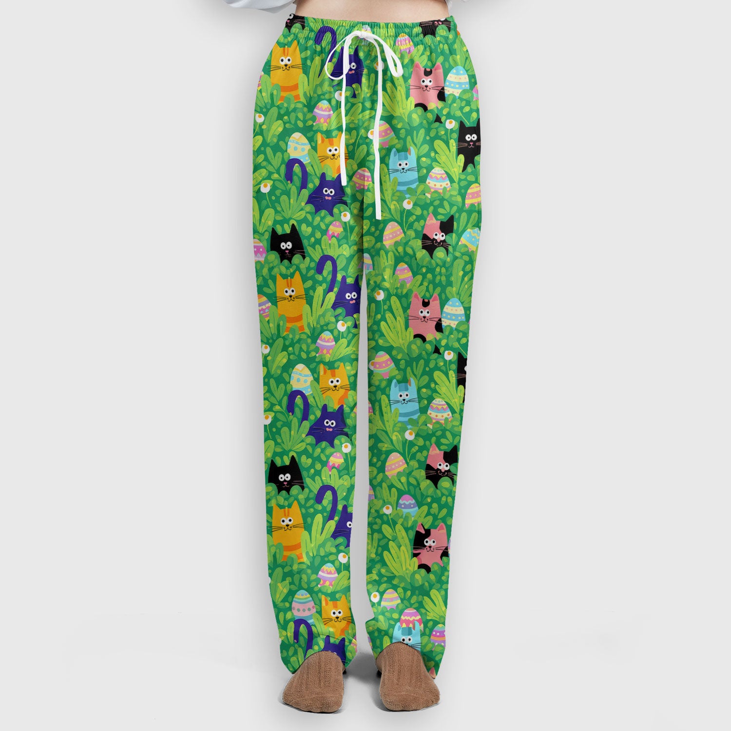 Colorful Easter Cats Green Leaves Print Scrub Sets, Scrub Pants and V Neck Top