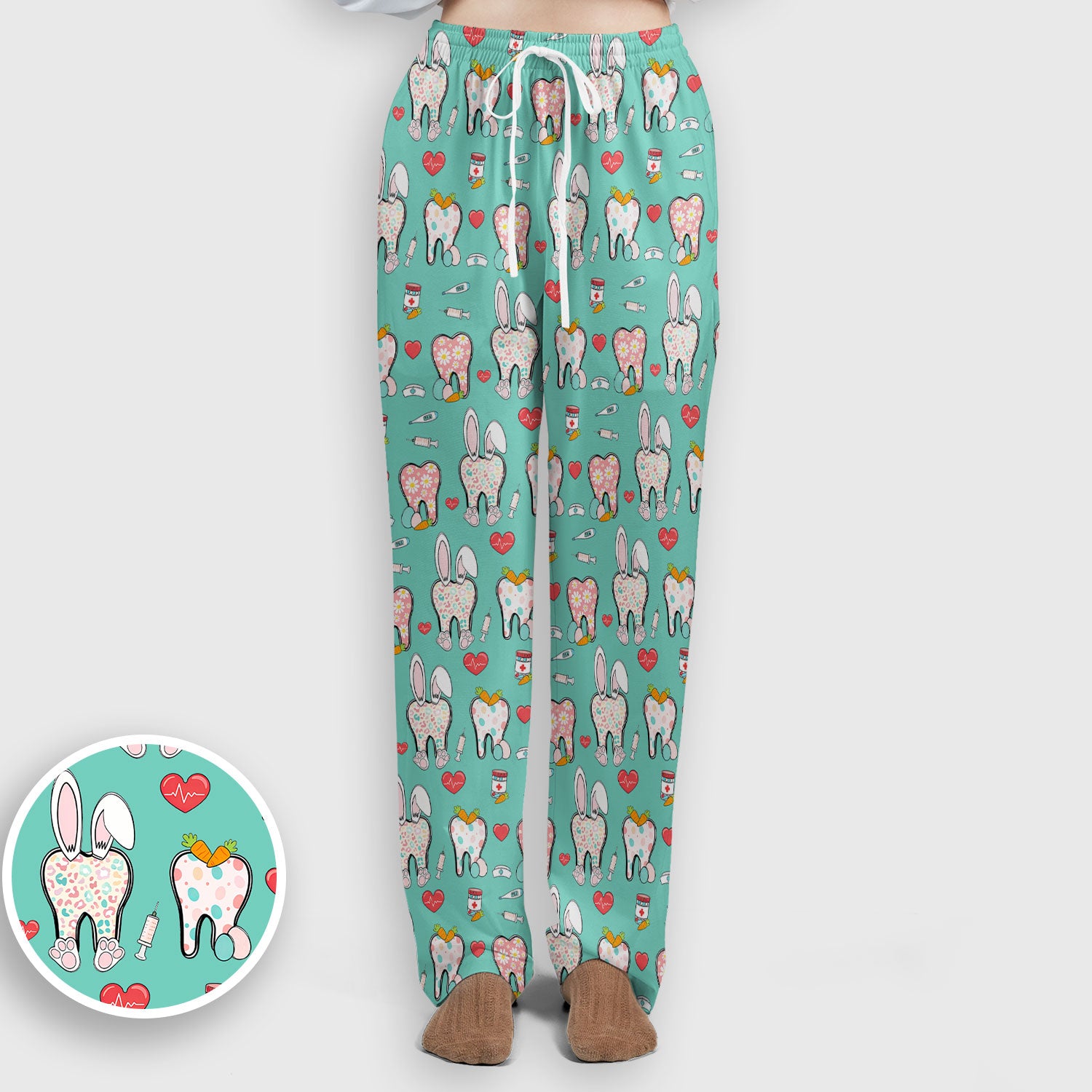 Playful Bunny Dentist Illustration Medical Set, Scrub Pants and V Neck Top