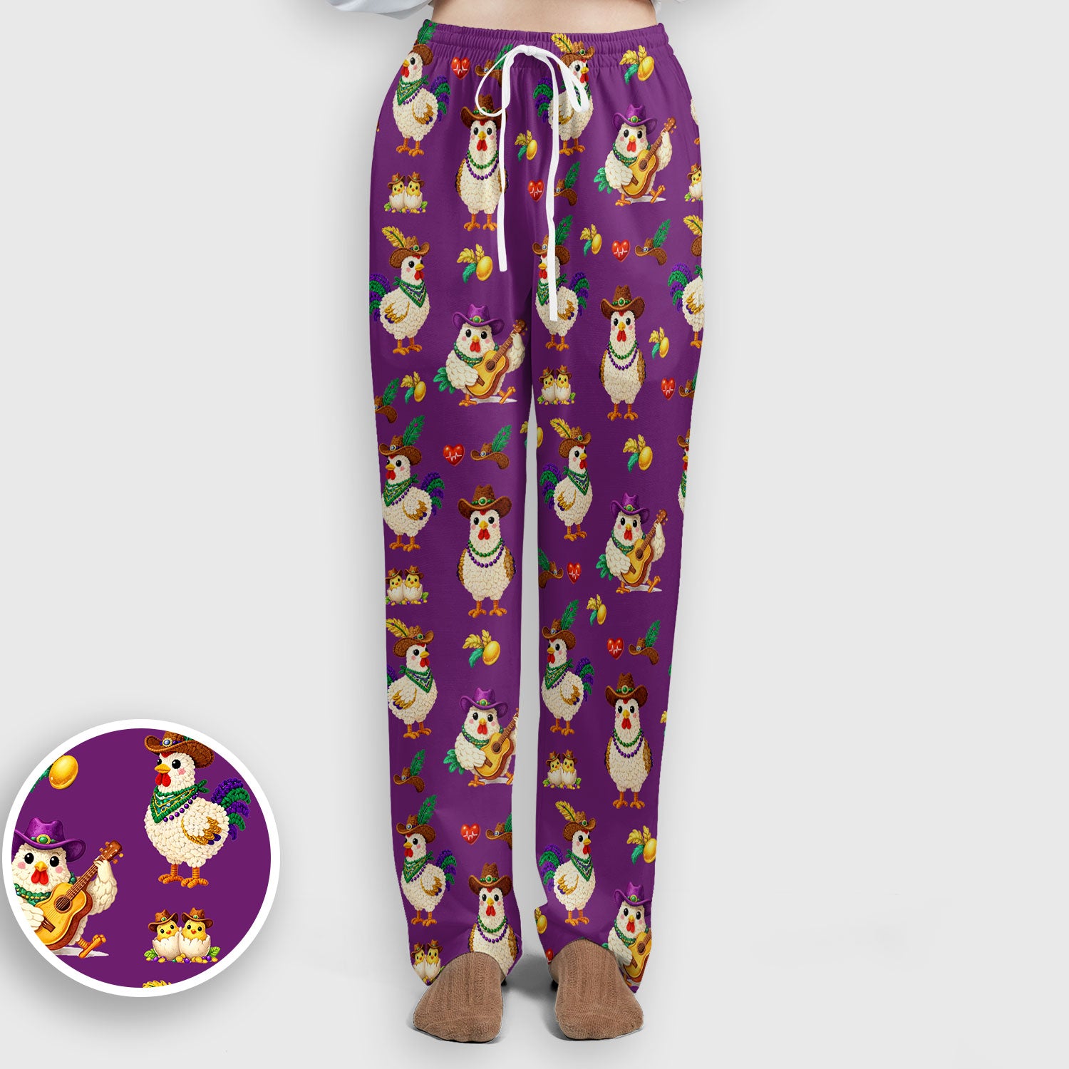Funny Mardi Gras Rooster Cowboy Print Set, Women's Scrub Sets