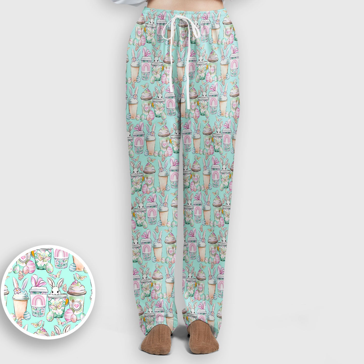 Cute Easter Bunny Coffee Cup Pattern Scrub Sets, Scrub Pants and V Neck Top