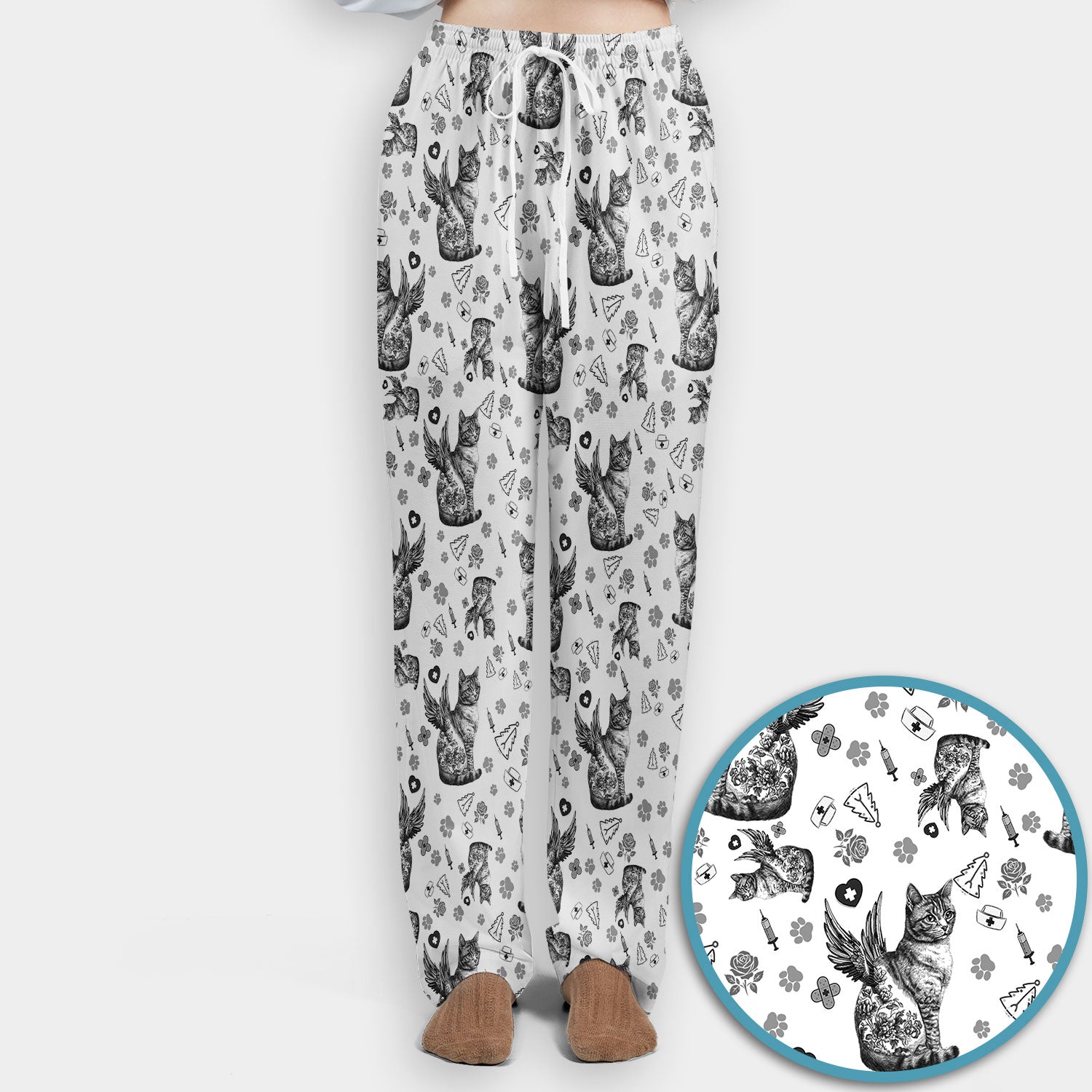 Toile de Jouy Cat Angel Scrub Set - Blue Vintage Nurse Pants and V Neck Top - French Style Medical Uniform for Women