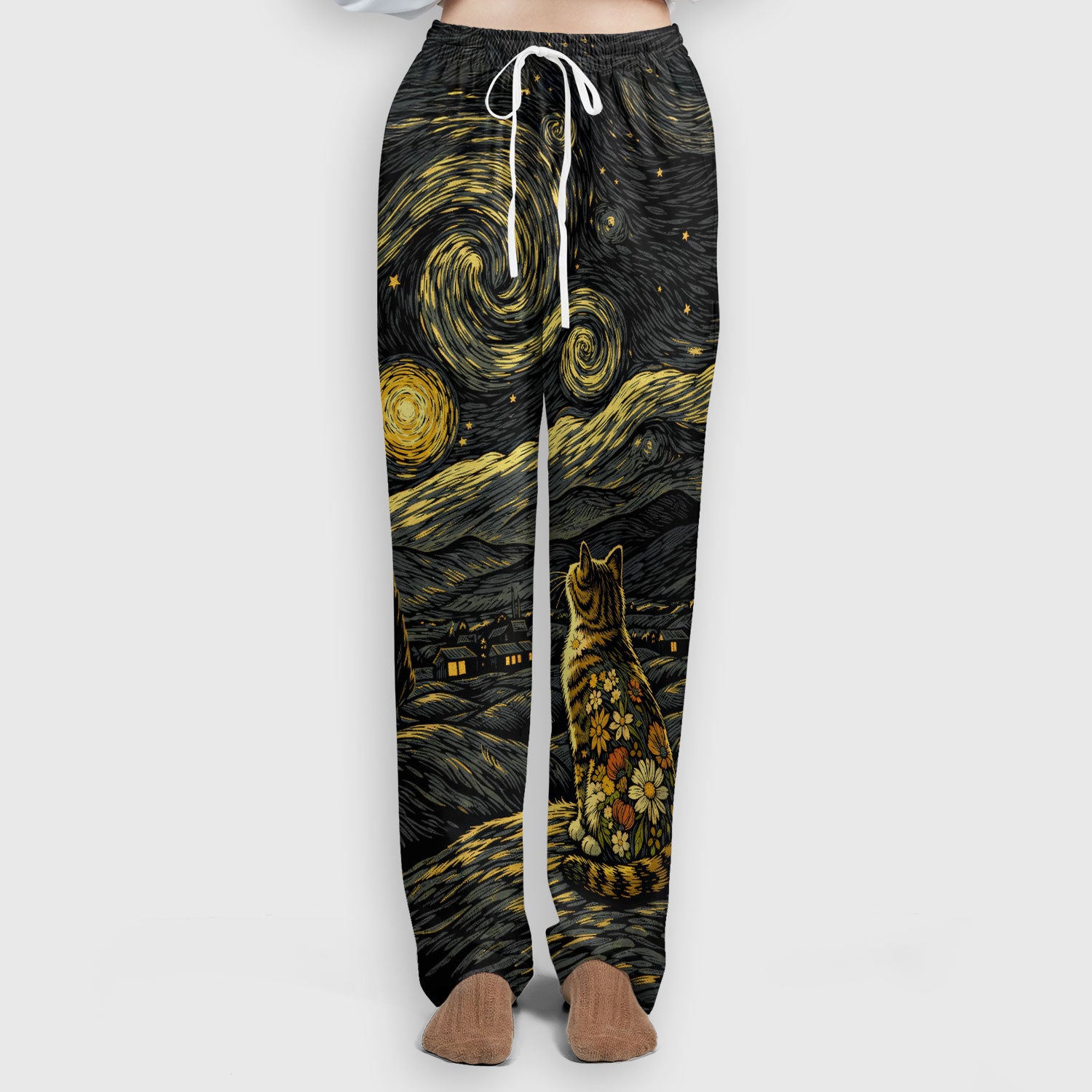 Galaxy Night Sky Cat With Flowers Print Scrub Set, Breathable Med Uniform