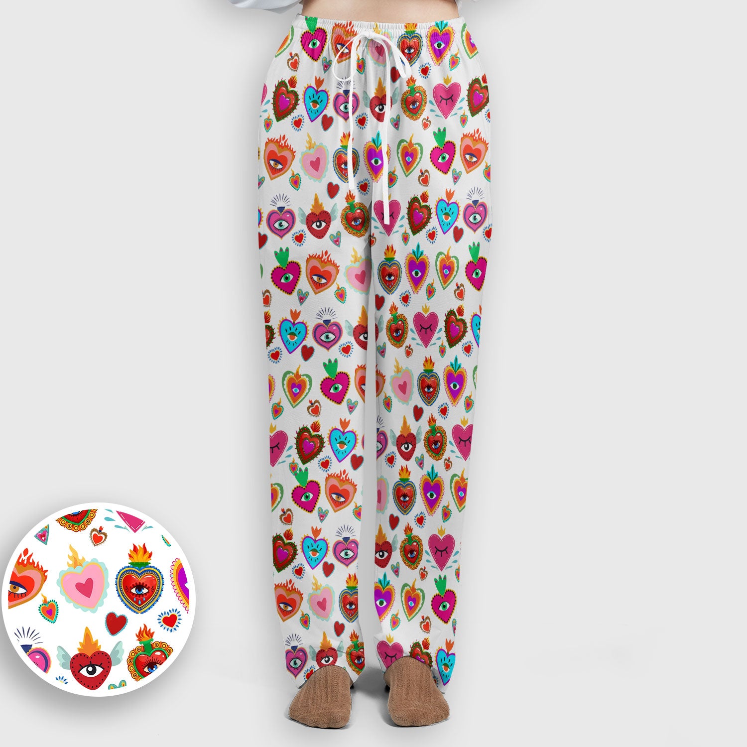 Valentine Colorful Sacred Heart Print Women's Scrub Set, Scrub Pants and V Neck Top
