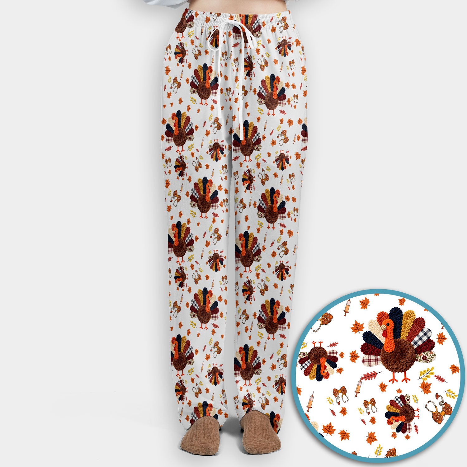 Thanksgiving Women's Scrub Sets - Funny Autumn Turkey Pants and V Neck Top - Breathable Fabrics Nursing Uniform