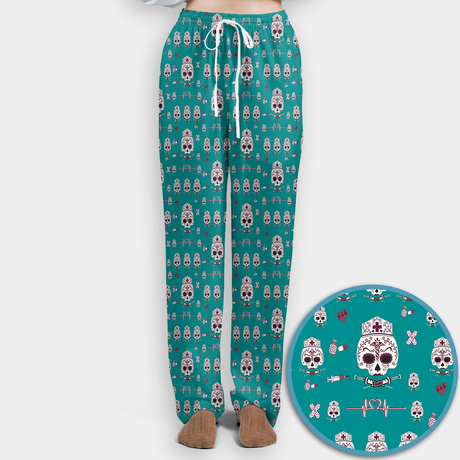 Sugar Skull Scrub Set, Skull Pattern Scrub Shirt, Breathable Fabrics Nursing Uniform