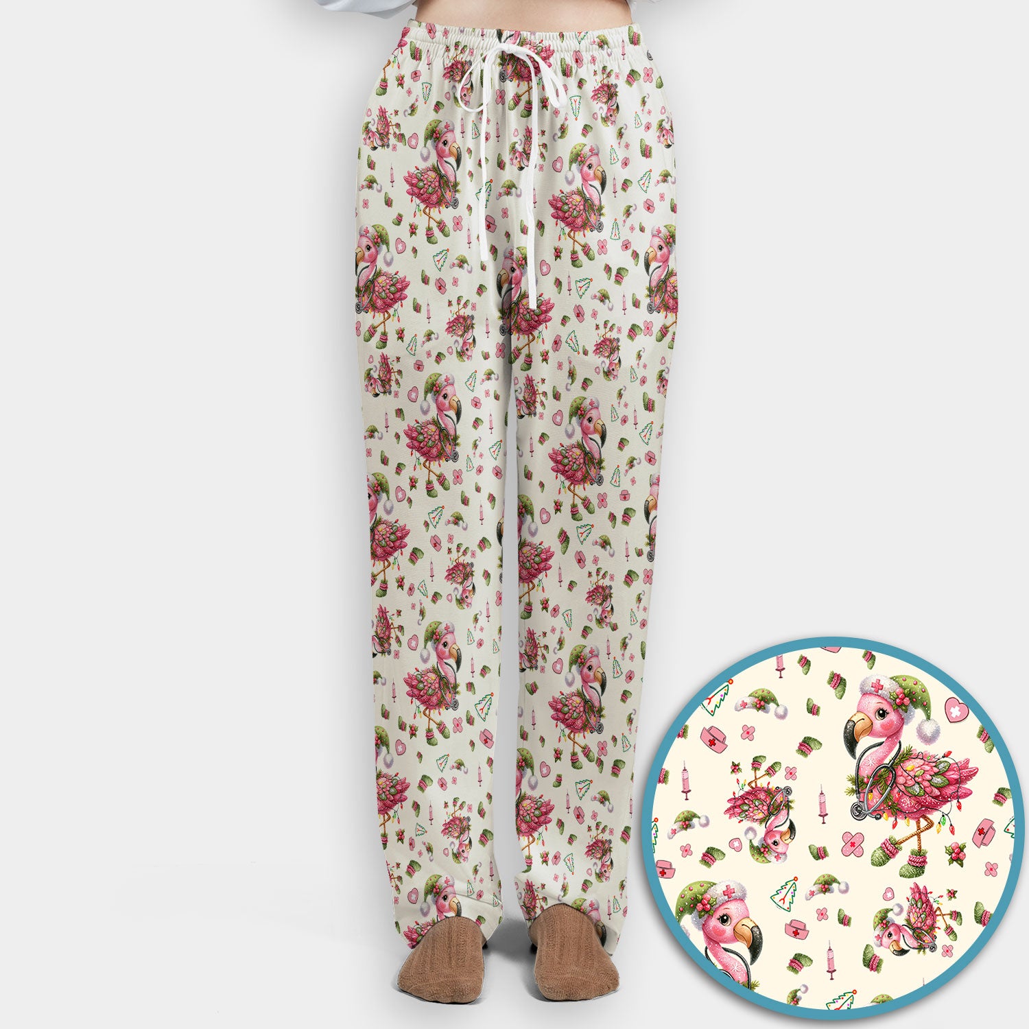 Pink Flamingo Christmas Scrub Set - Cute Flamingo Scrubs Pants and V Neck Top - Fun Christmas Medical Uniform
