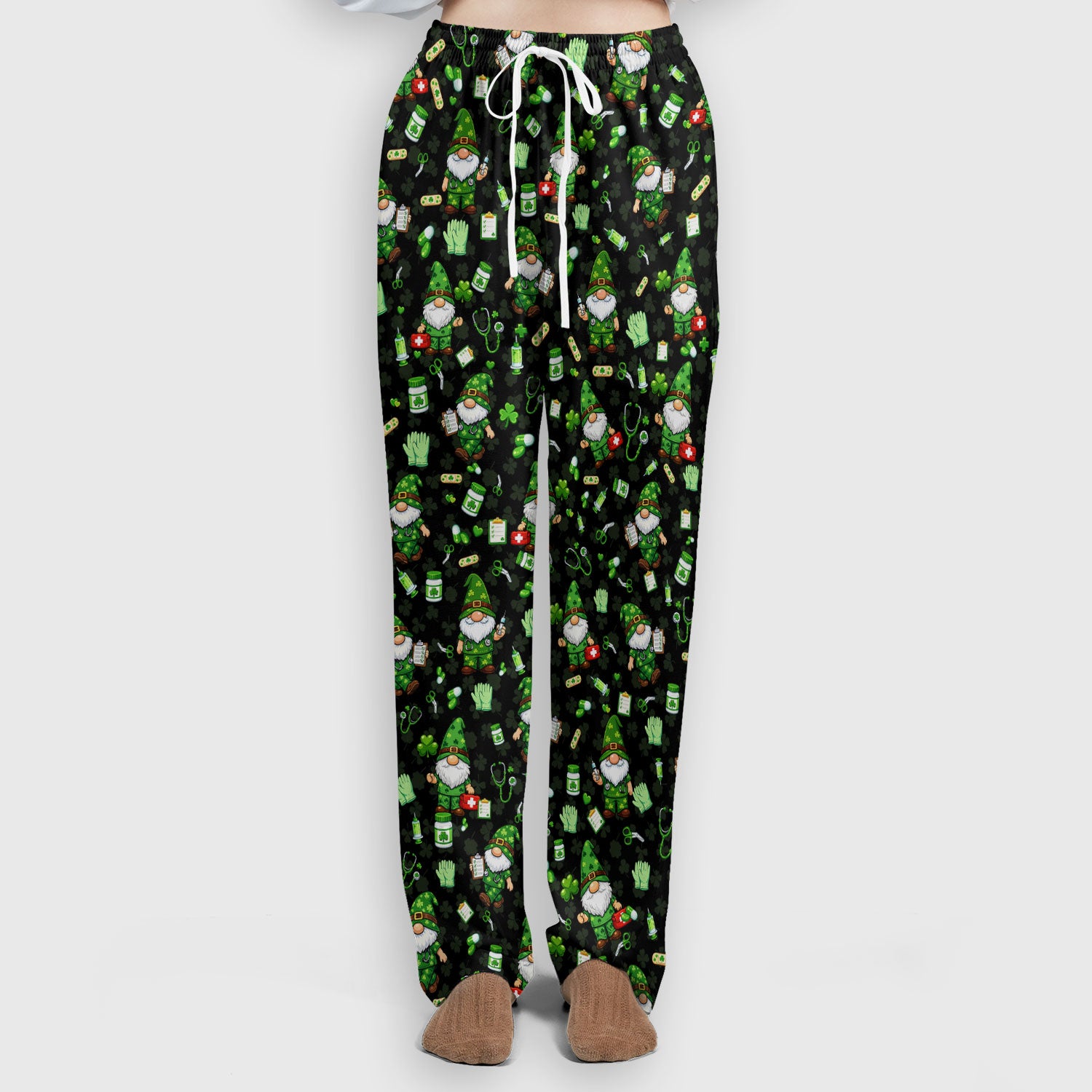 St. Patrick’s Day Nurse Gnome Scrub Set, Green Lucky Medical Pattern Nurse Shirt, Breathable Fabrics Nursing Uniform