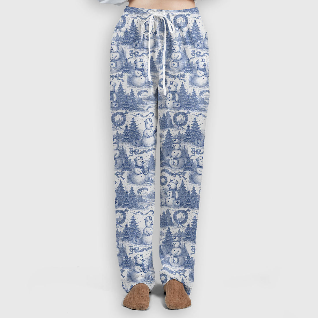 Toile de Jouy Christmas Scrubs Set – Elegant Snowman and Nurse Pattern – Classic Holiday Scrub Top and Pants for Women