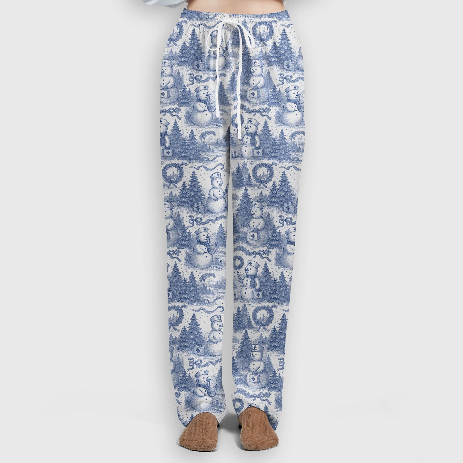 Toile de Jouy Christmas Scrubs Set – Elegant Snowman and Nurse Pattern – Classic Holiday Scrub Top and Pants for Women