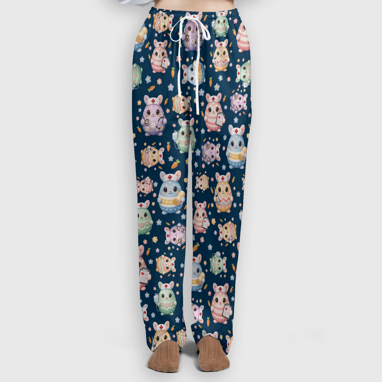 Cute Nurse Bunny Pastel Floral Print Women's Scrub Sets,  Breathable Med Uniform