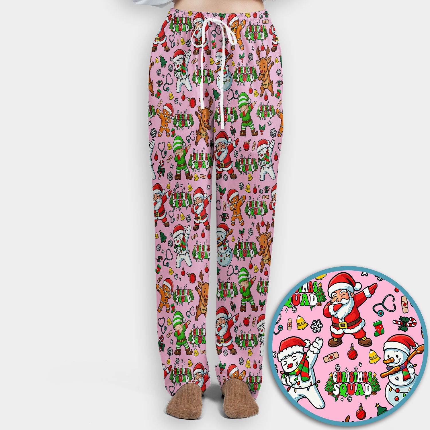 Christmas Squad Scrub Set - Dancing Santa, Reindeer & Elf Pants and V Neck Top - Funny Holiday Gift for Nurses, Doctors & Vet Techs