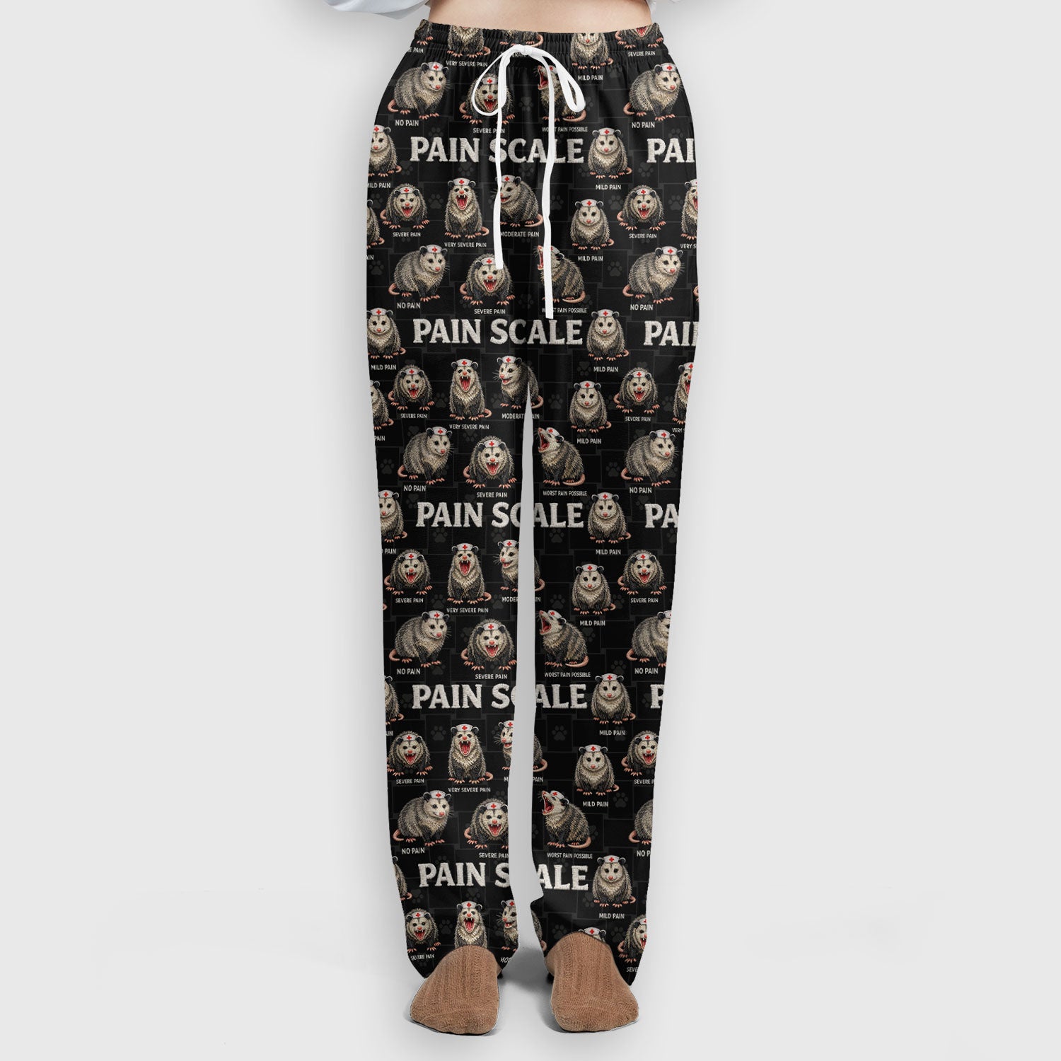 Edgy Possum Pain Scale Nurse Pattern Scrub Set, Scrub Pants and V Neck Top