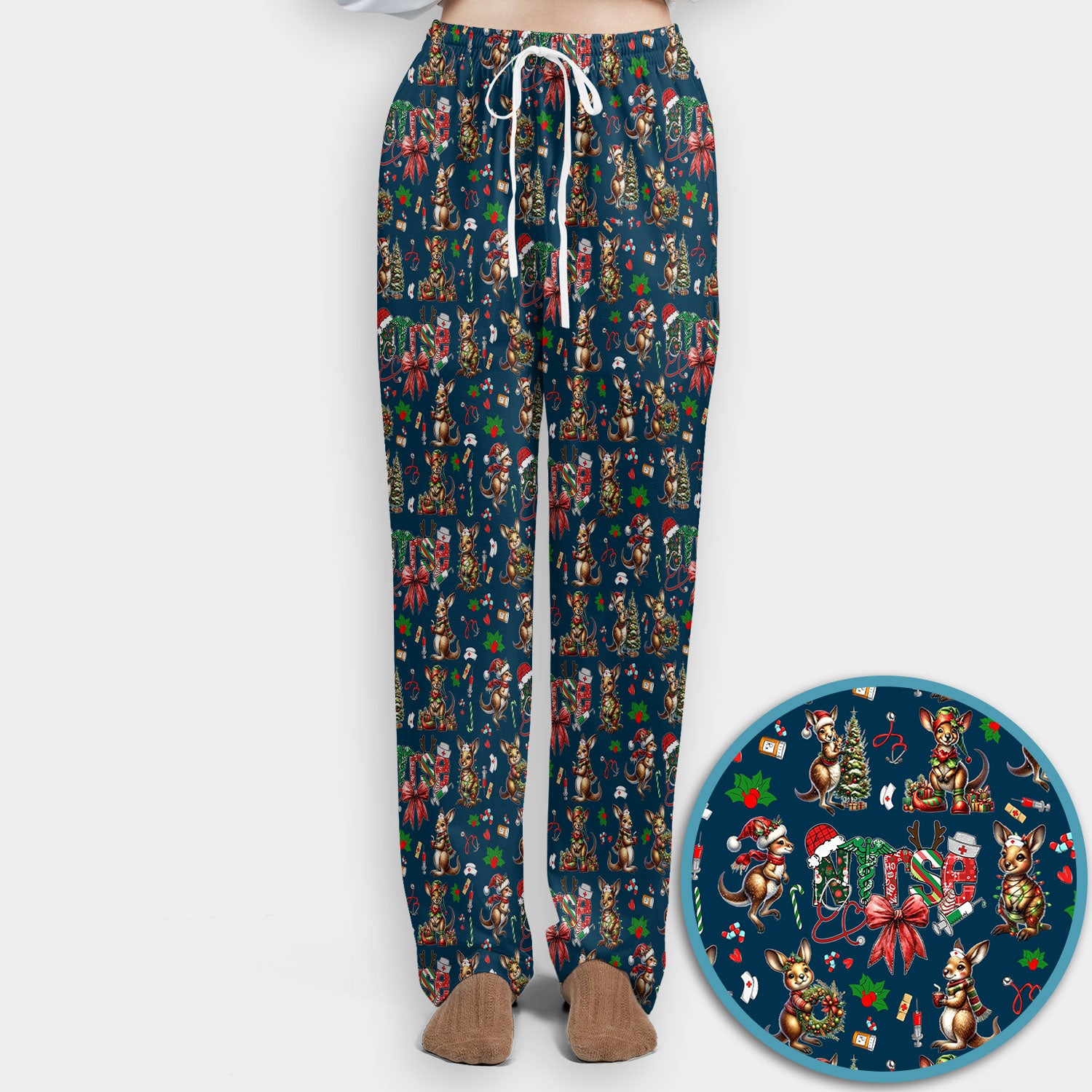 Whimsical Kangaroo Christmas Scrub Set – Festive Australian Animals Holiday Pattern – Cute Medical Uniform for Nurses, Vets & Healthcare Workers