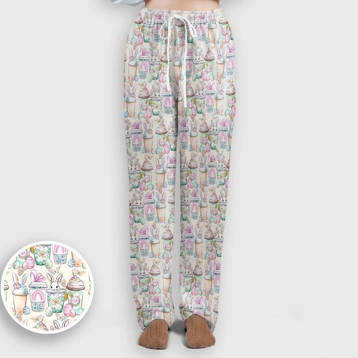 Cute Easter Bunny Coffee Cup Pattern Scrub Sets, Scrub Pants and V Neck Top