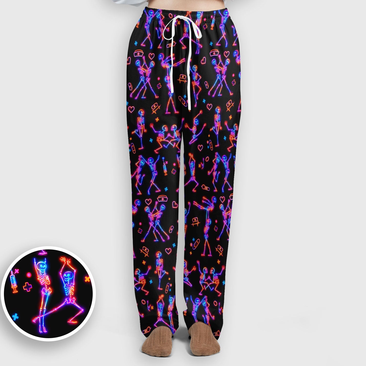 Neon Dancing Skeleton Medical Pattern Set, Scrub Pants and V Neck Top