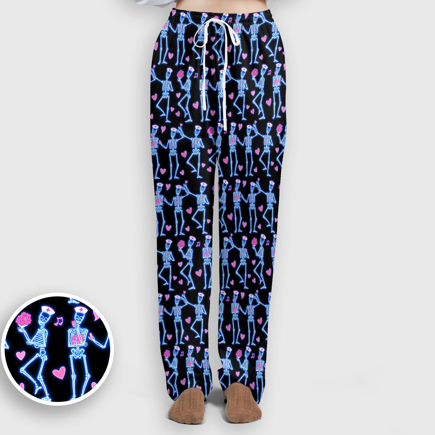 Skeleton Nurse Heart Pattern Scrub Sets, Playful Nurse Style, Scrub Pants and V Neck Top