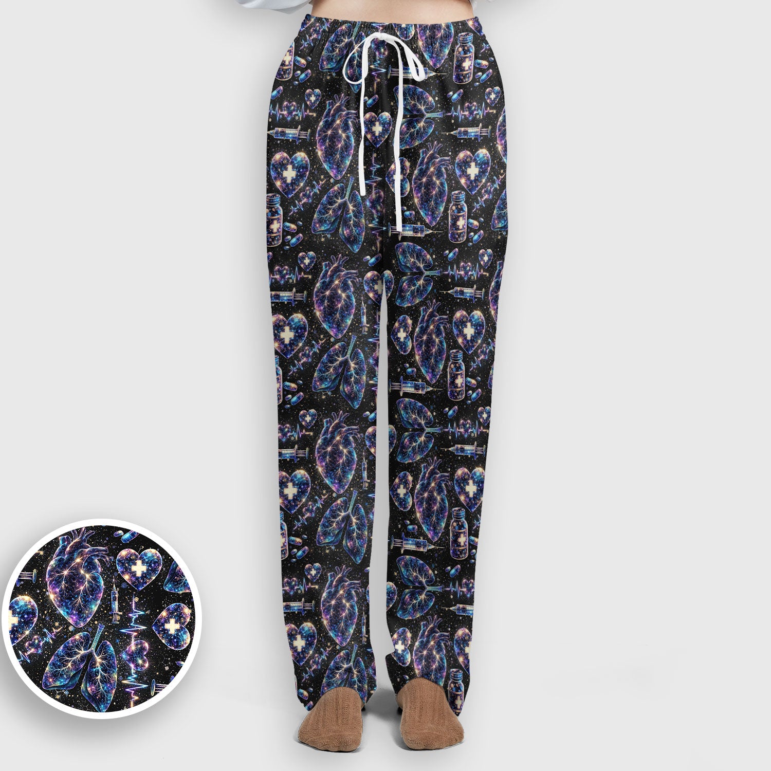 Galaxy Anatomical Heart Lung Syringe Print Scrub Set, Breathable Med Uniform
