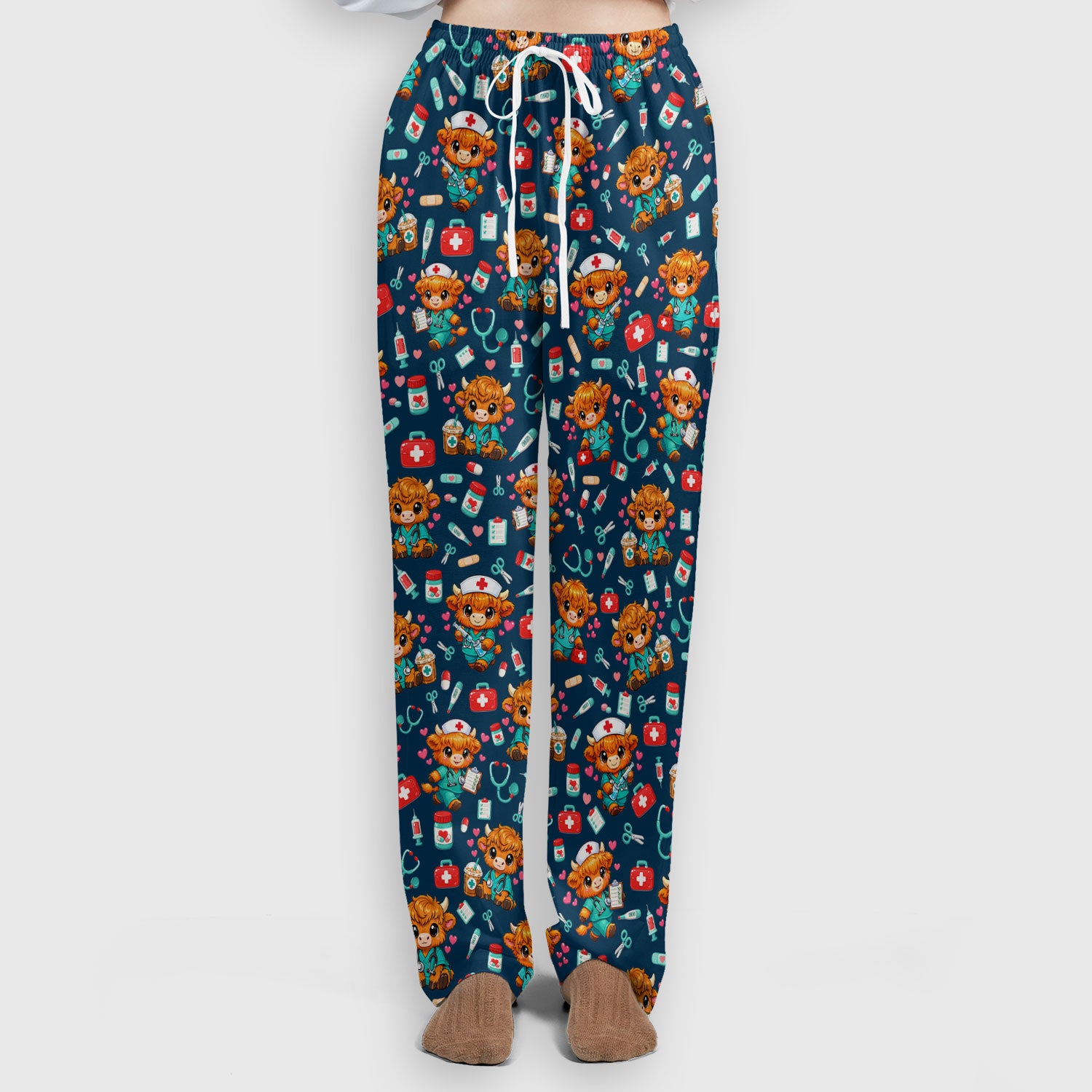Cute Highland Cow Nurse Scrub Set, Kawaii Medical Pattern Shirt, Breathable Fabrics Nursing Uniform