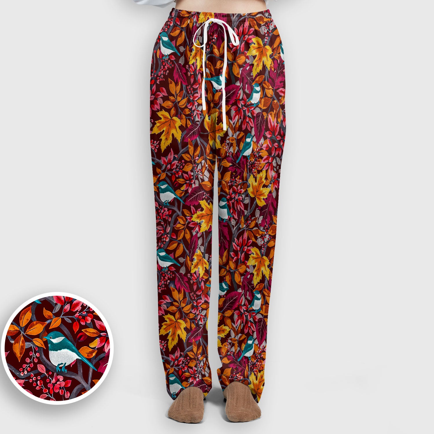 Autumn Leaves Blue Bird Pattern Print Set, Women's Scrub Sets