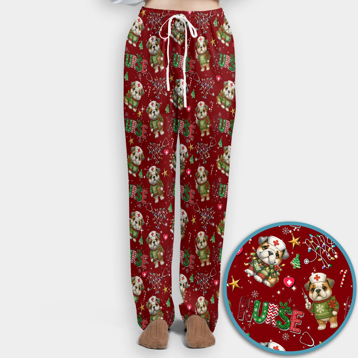Bulldog Christmas Nurse Scrub Set - Funny Dog Scrubs Pants and V Neck Top - Cute Holiday Medical Uniform