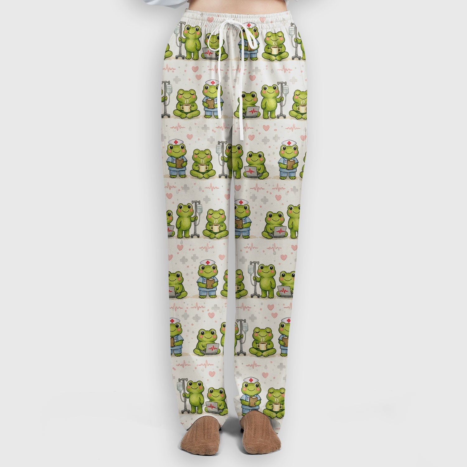 Adorable Frog Nurse Various Poses Print Scrub Set, Breathable Med Uniform