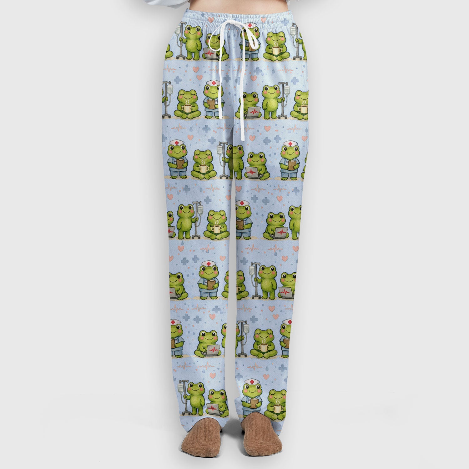Adorable Frog Nurse Various Poses Print Scrub Set, Breathable Med Uniform