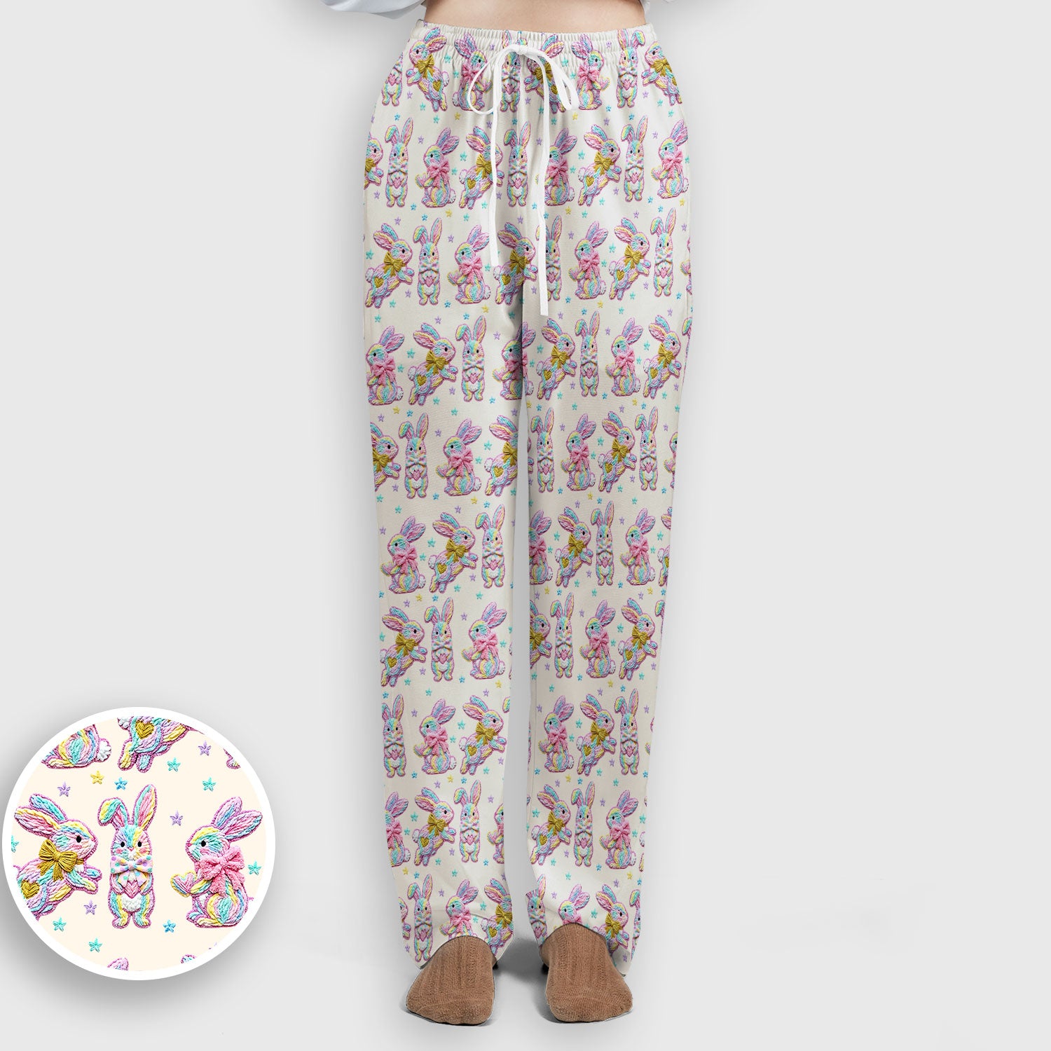 Cartoon Bunny All Over Print Set, Scrub Pants and V Neck Top