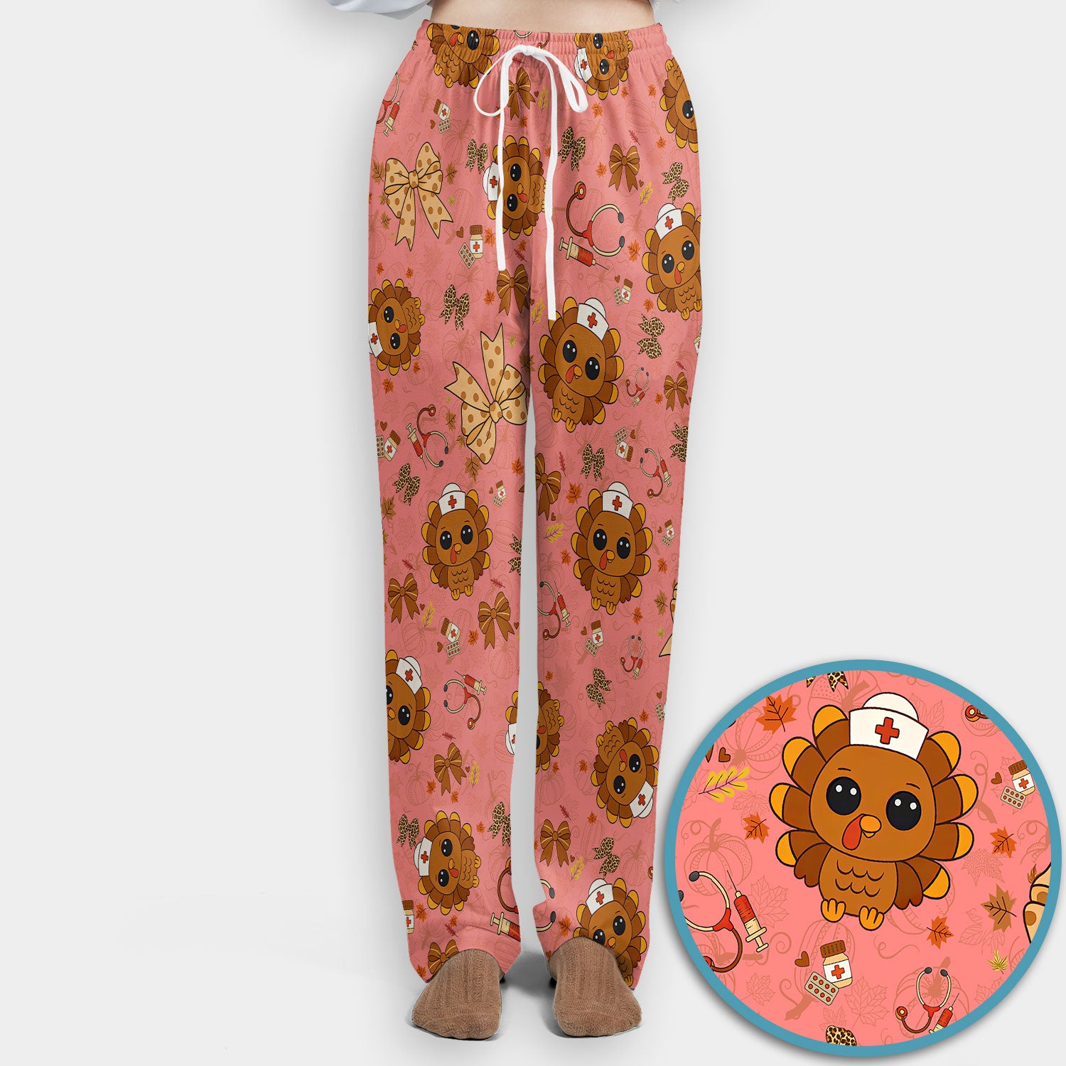 Thanksgiving Turkey Nurse Scrub Set for Women - Cute Fall Leaves and Bow Scrub Pants and V Neck Top - Autumn Medical Uniform