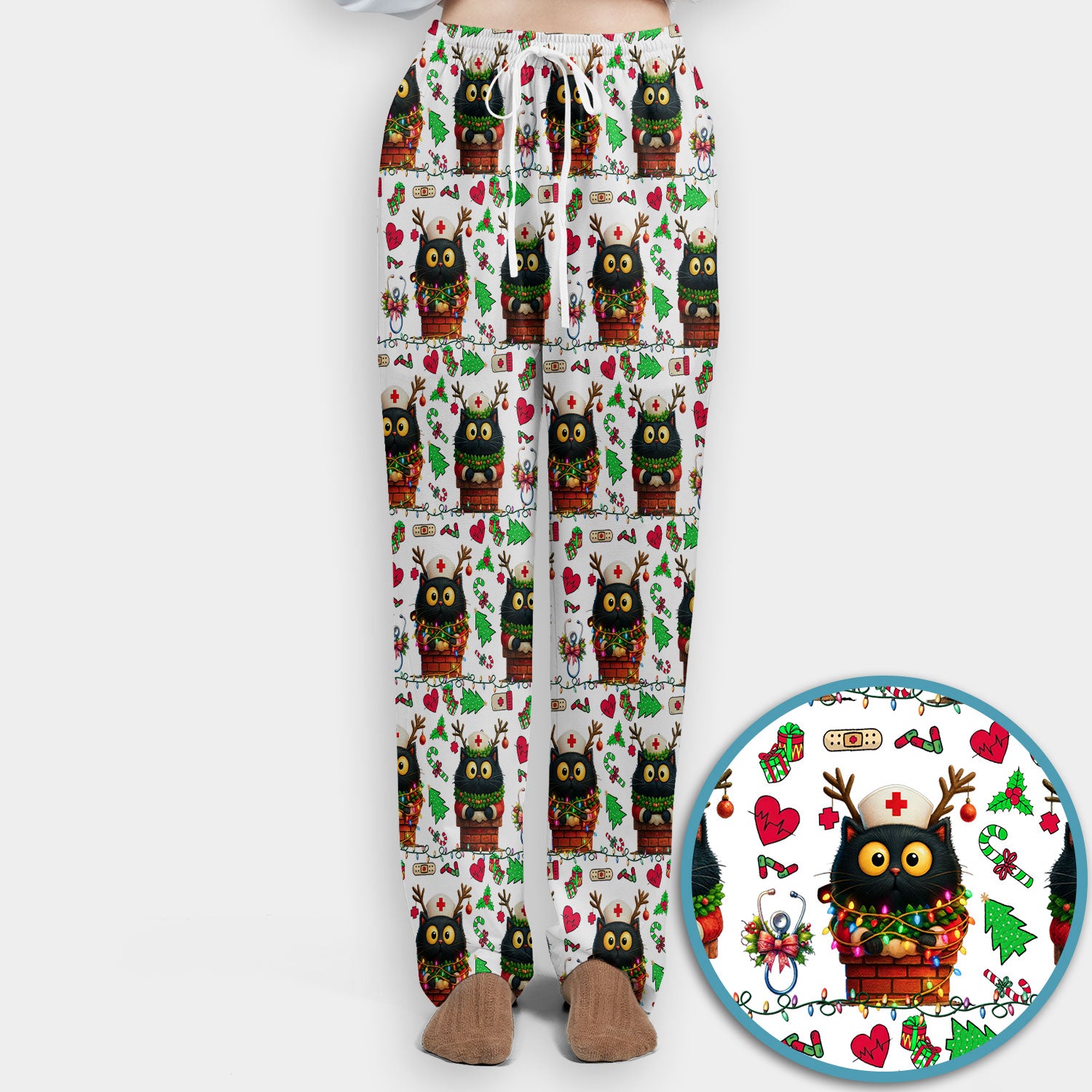Christmas Black Cat Scrub Set for Nurse - Cute Reindeer Cat with Xmas Lights Pants and V Neck Top - Festive Holiday Medical Uniform