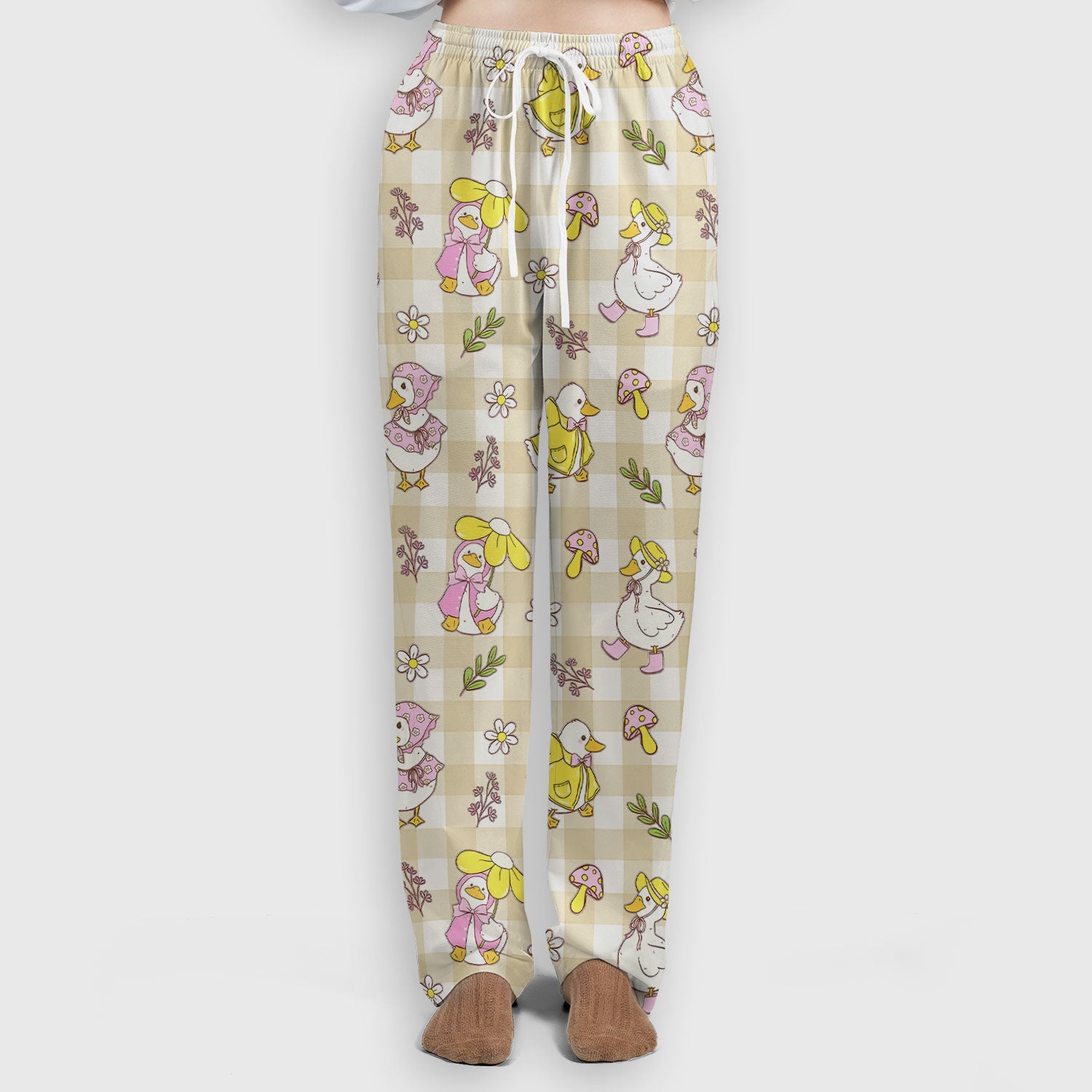 Cute Duck Outfit Gingham Pattern Scrub Set, Scrub Pants and V Neck Top
