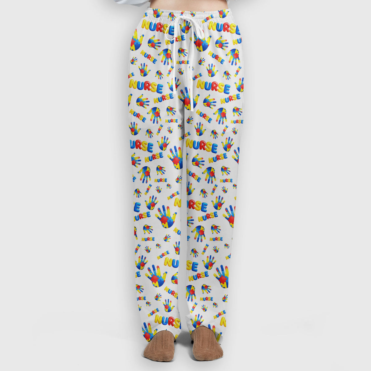 Colorful Autism Handprint Nurse Pattern Scrubs Set, Scrub Pants and V Neck Top