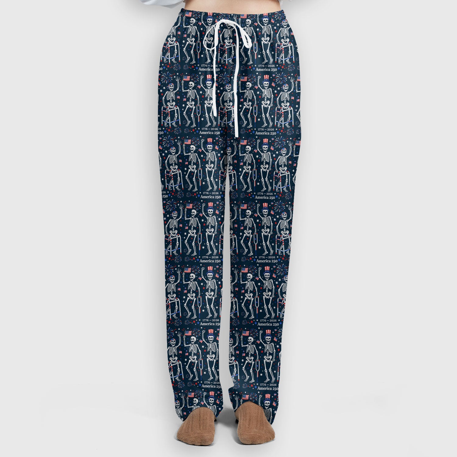 Festive Patriotic Skeleton America 250 Pattern Scrub Set, Scrub Pants and V Neck Top