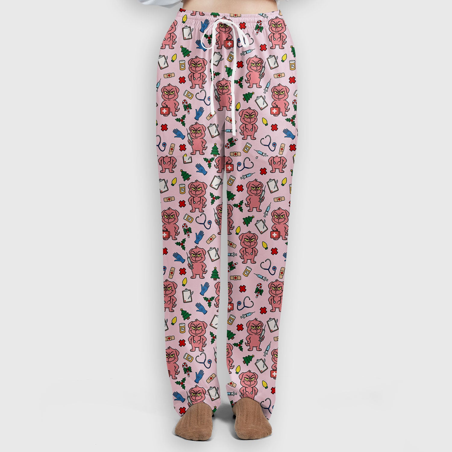 Christmas Scrub Set for Nurses - Funny Pink Dog Pattern - Holiday Nurse Scrubs with Tree, Bandage and Stethoscope Print