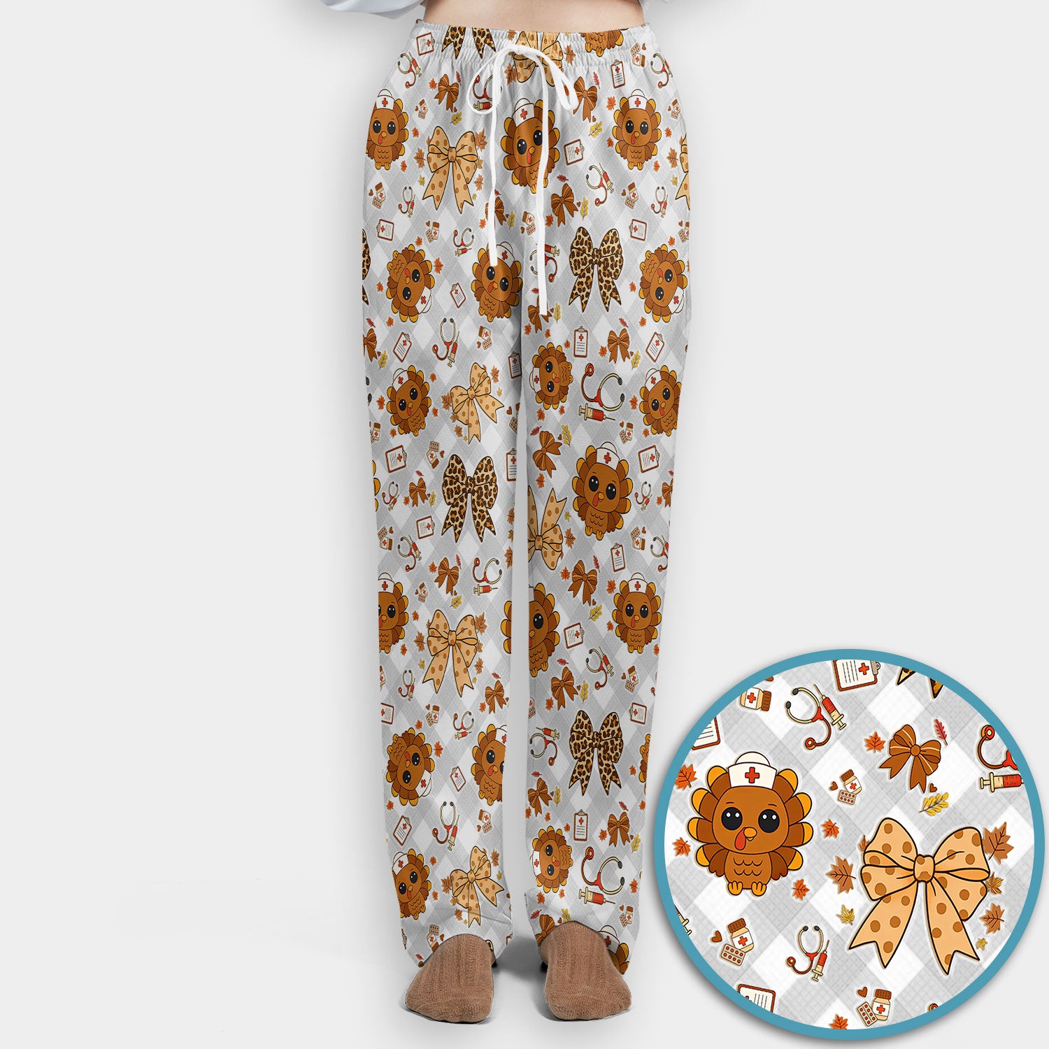 Thanksgiving Turkey Scrub Set for Nurses - Cute Fall Leaves and Bow Scrubs Pants and V Neck Top - Autumn Nursing Gift for Her
