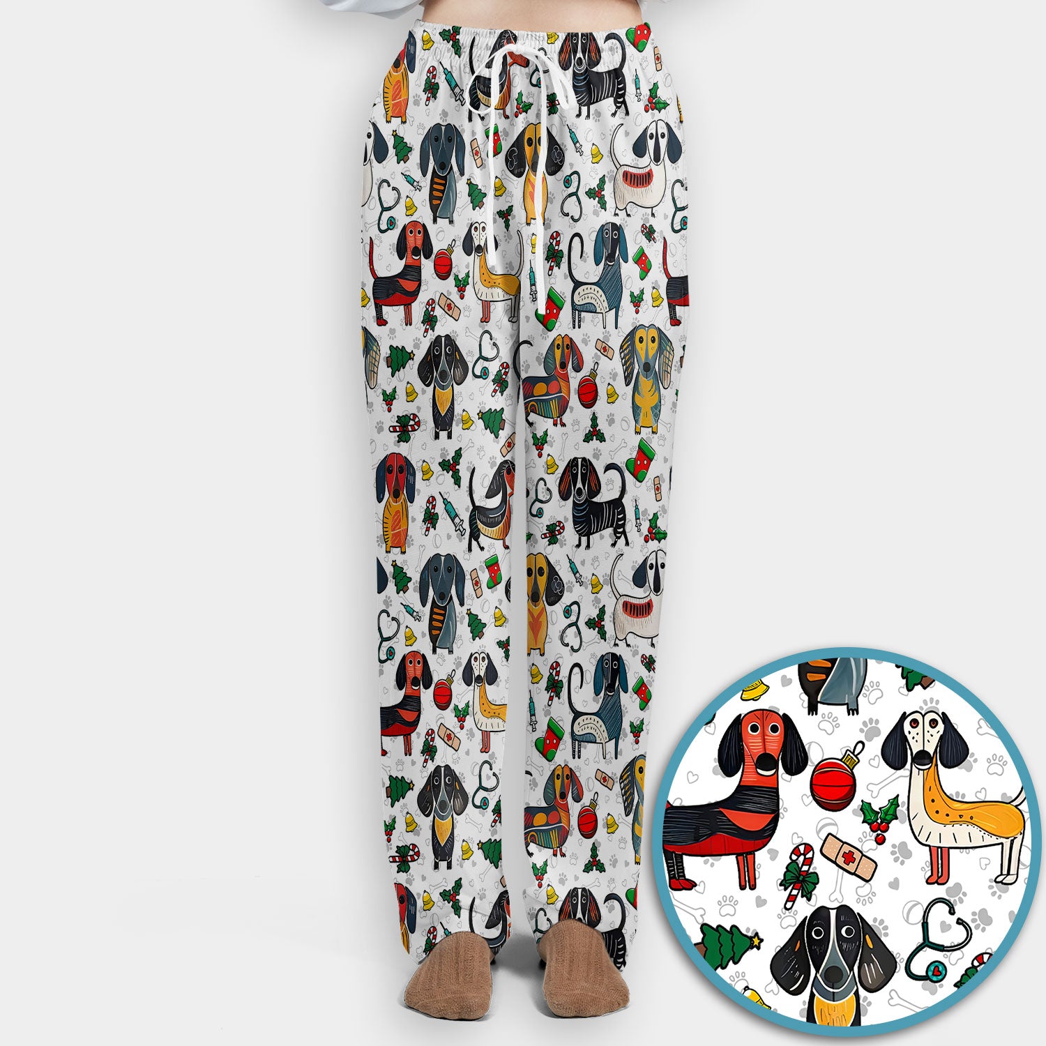 Dachshund Christmas Scrub Set - Cute Wiener Dog Pants and V Neck Top - Holiday Medical Uniform