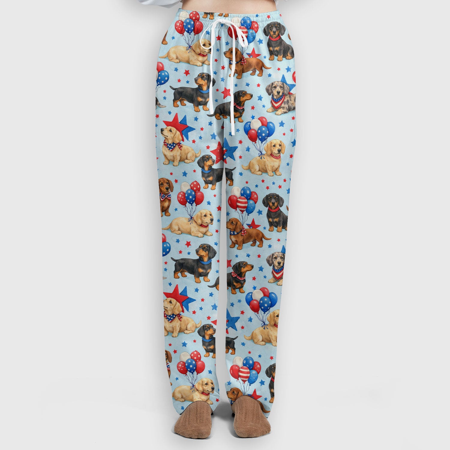 Cute Patriotic Dachshund Balloon Star Pattern Scrub Set, Scrub Pants and V Neck Top