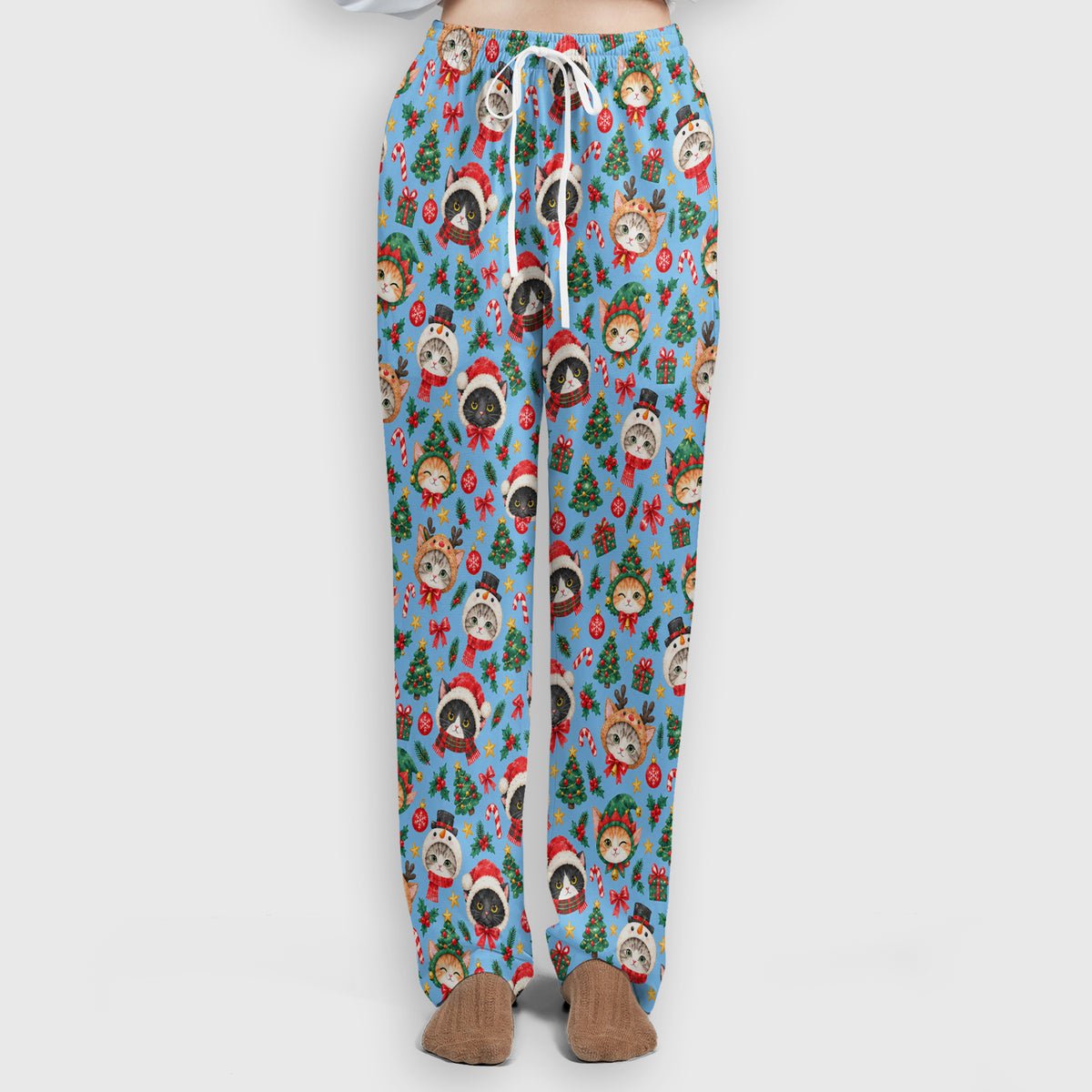 Christmas Cats And Trees Pattern Scrub Set, Scrub Pants and V Neck Top