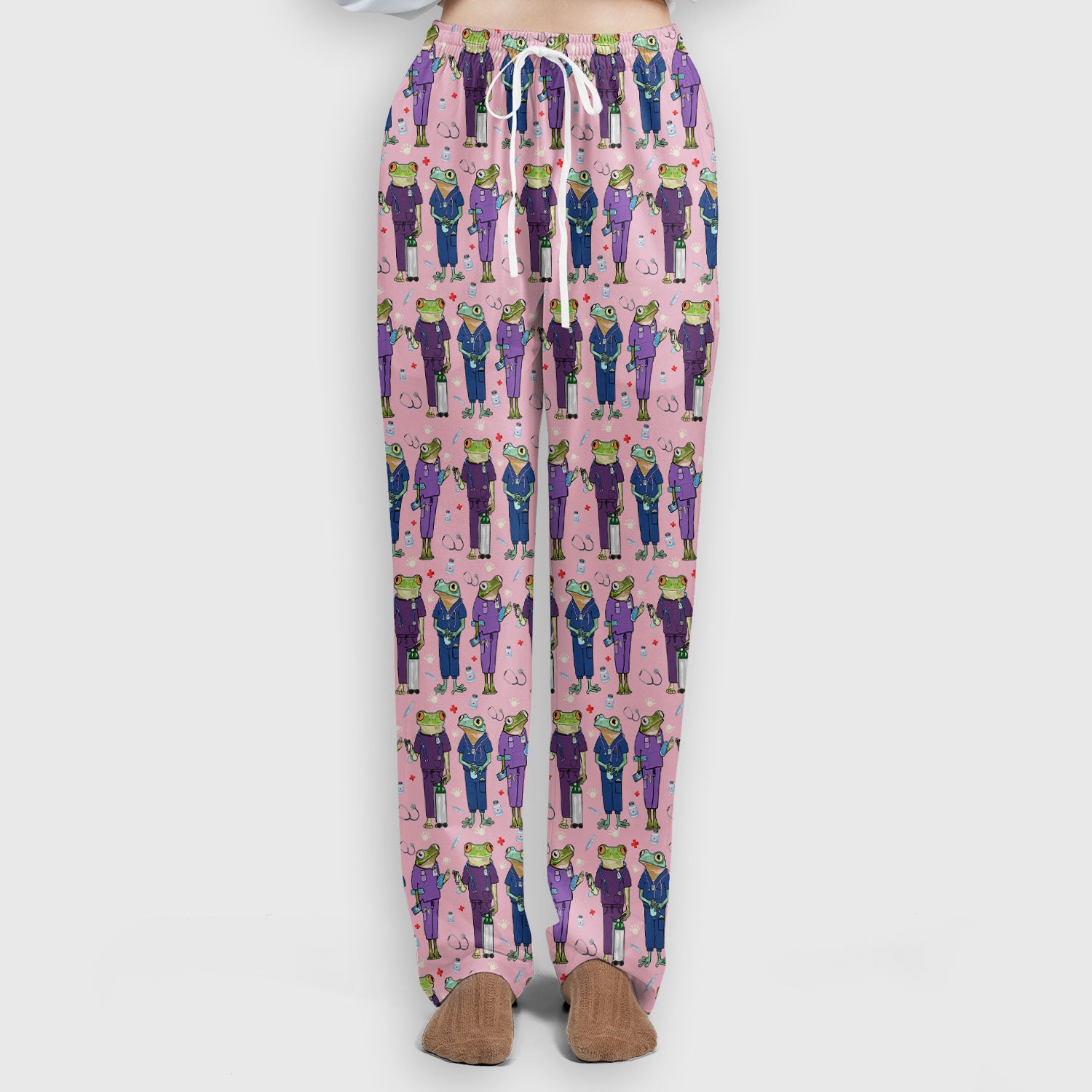 Funny Frog Nurse Pattern Scrub Set, Scrub Pants and V Neck Top