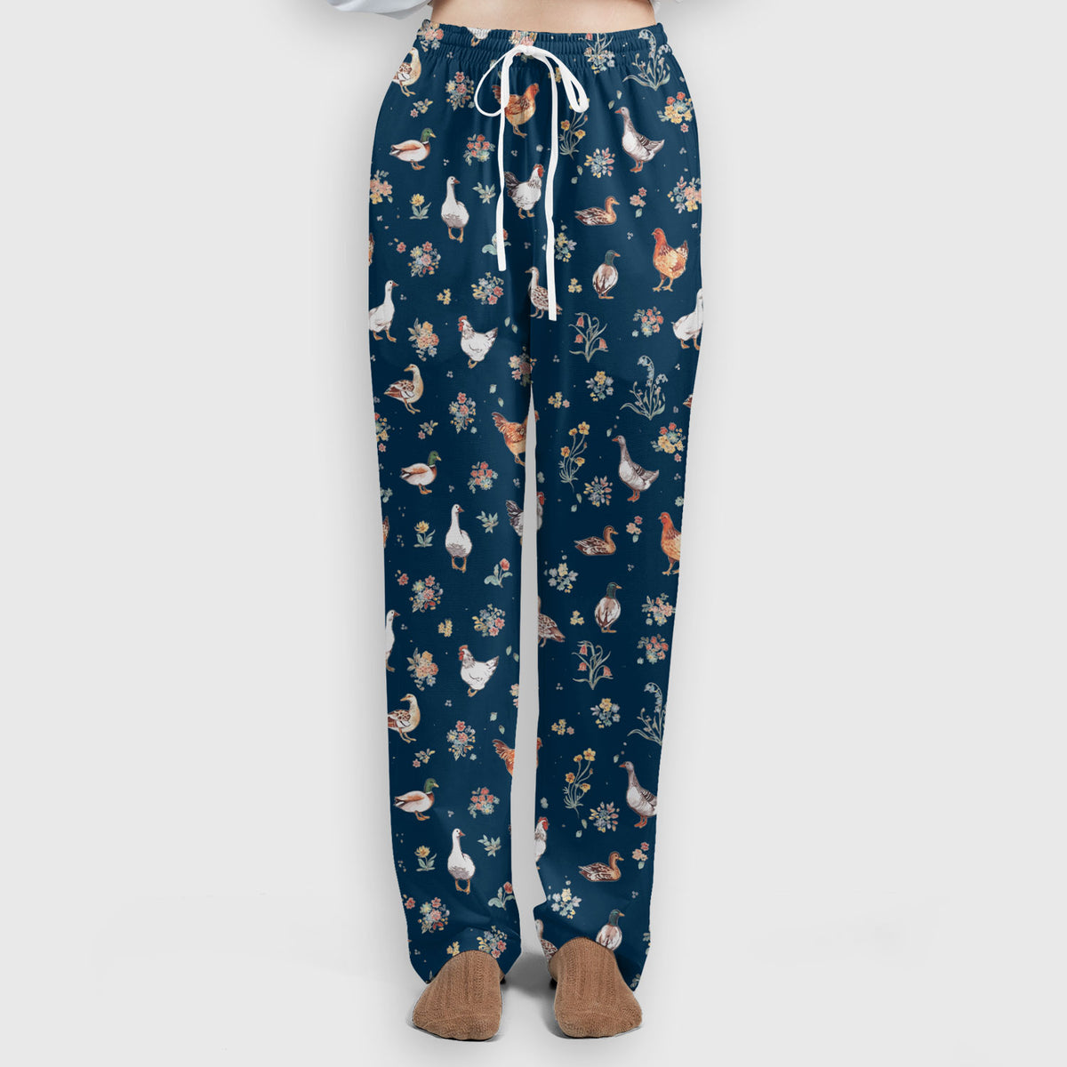 Farm Chicken Duck Floral Pattern Scrubs Sets, Scrub Pants and V Neck Top