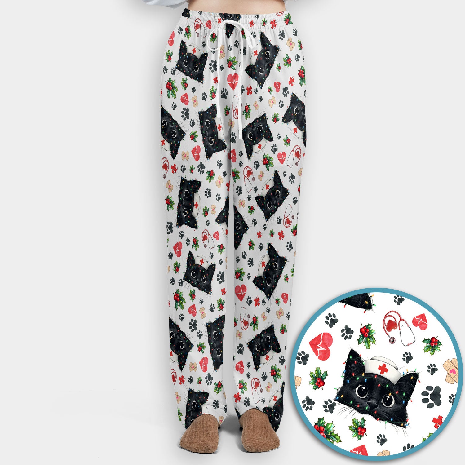 Black Cats Comfortable Scrubs for Nurses - Cute Kittens Christmas Scrubs Pants and V Neck Top - Breathable Med Uniform Gift for Women