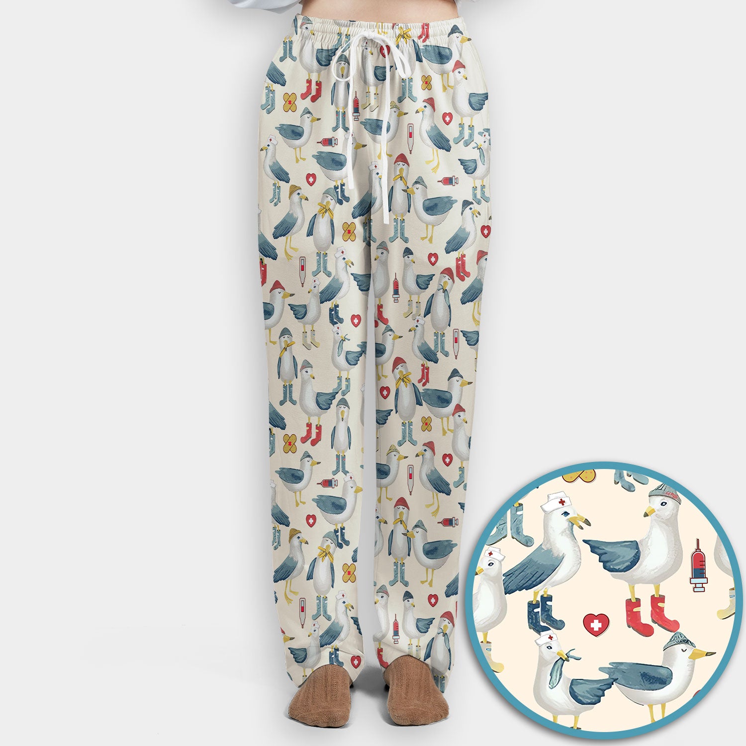 Funny Seagull Nurse Scrub Set - Cute Bird with Medical Icons Scrubs Pants and V Neck Top - Comfortable Scrubs for Women
