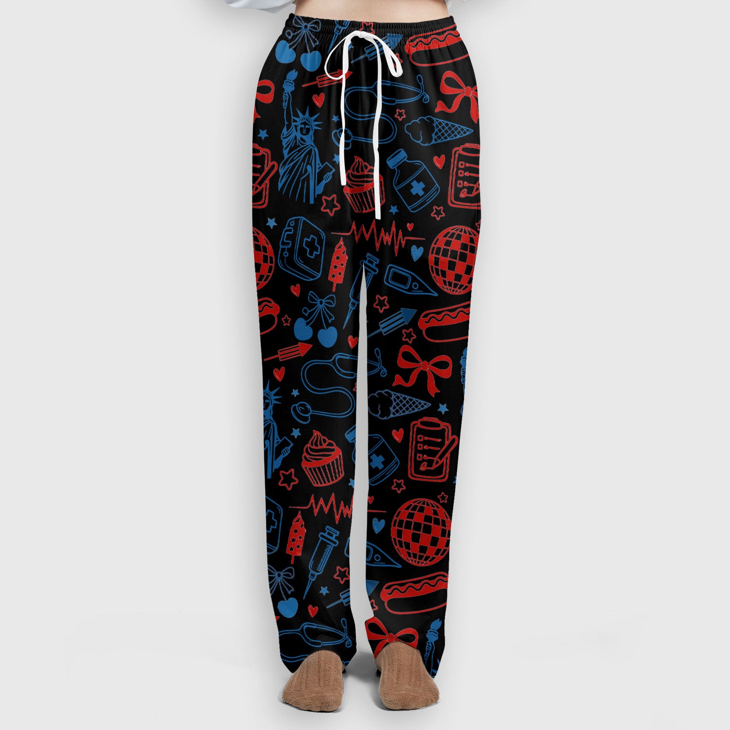 Patriotic Nurse Medical Icons Pattern Scrub Set, Scrub Pants and V Neck Top