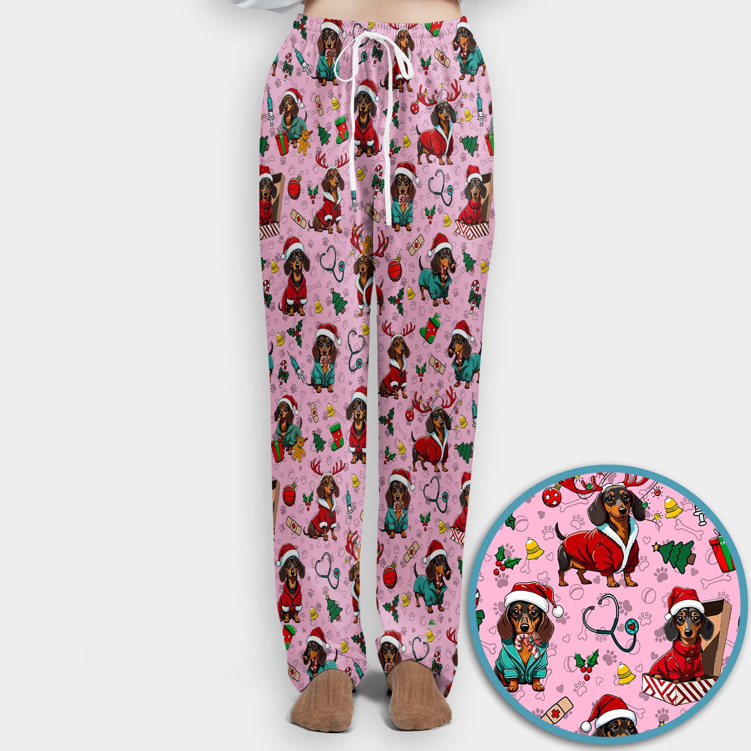 Christmas Dachshund Scrub Set for Nurses - Cute Sausage Dog Holiday - Funny Reindeer & Santa Scrubs Pants and V Neck Top