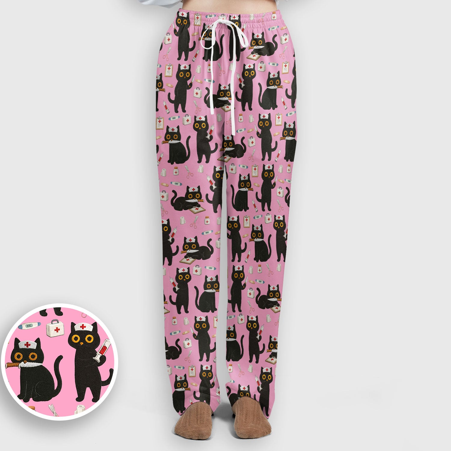 Cute Black Cat Nurse Pattern Women's Scrub Set, Breathable Med Uniform