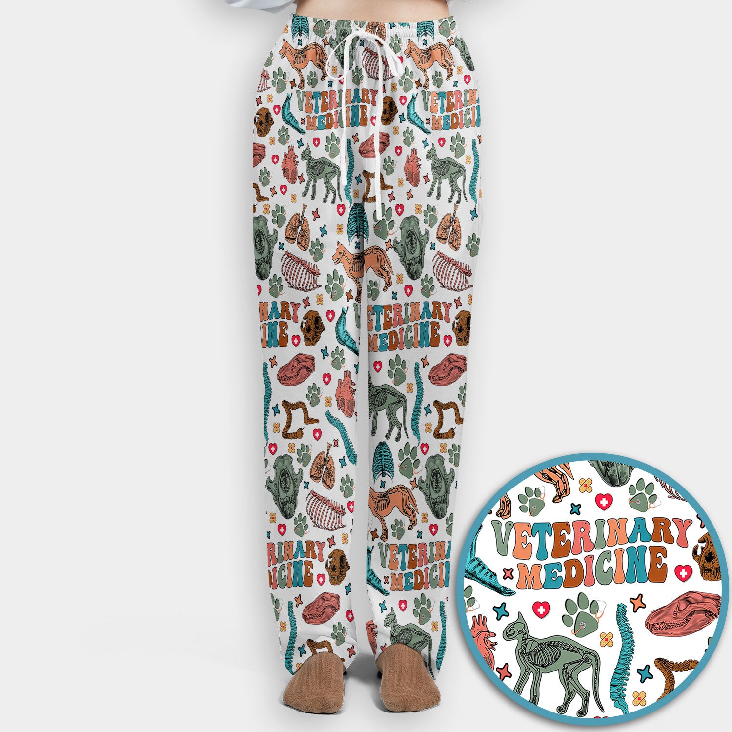 Veterinary Medicine Scrub Set - Cute Animal Anatomy Scrubs Pants and V Neck Top - Fun Vet Tech Nurse Uniform for Women