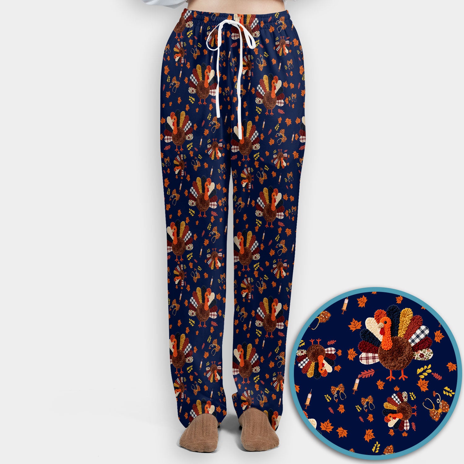Funny Thanksgiving Nurse Scrub Sets - Fall Leaves and Pumpkin Scrub Pants and V Neck Top - Autumn Turkey Med Uniform