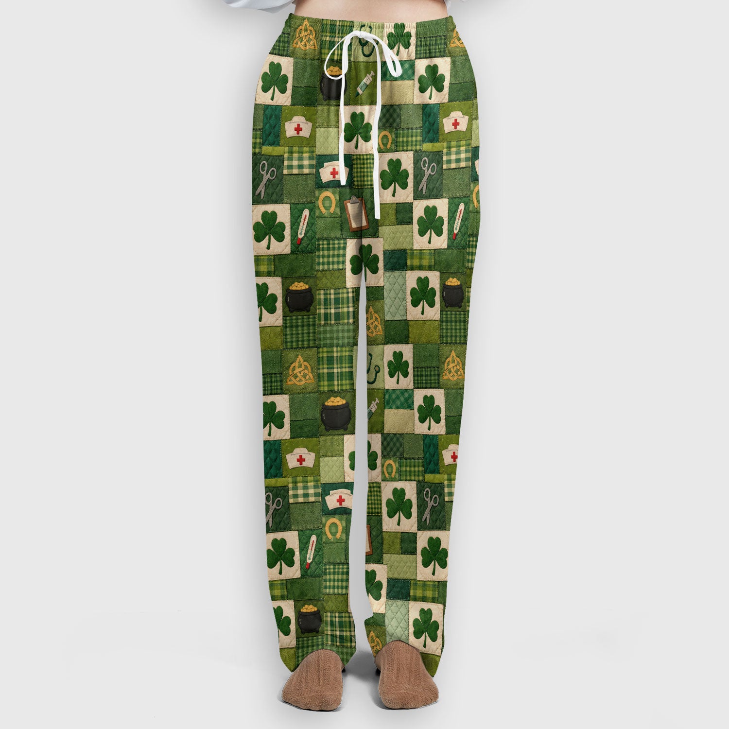 St Patrick Medical Patchwork Shamrock Scrub Set, Scrub Pants and V Neck Top