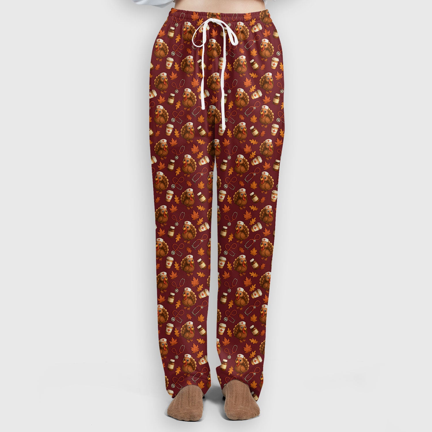 Turkey Pattern Thanksgiving Scrub Set - Fall Leaves and Nurse Tools Print Scrubs - Fun Autumn Medical Pants and Top Gift for RN CNA LPN