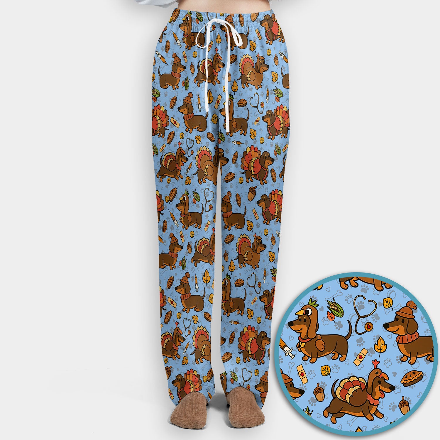 Thanksgiving Wiener Dog Scrub Set - Funny Dachshund Turkey Scrubs Pants and V Neck Top - Fall Winter Gift for Women