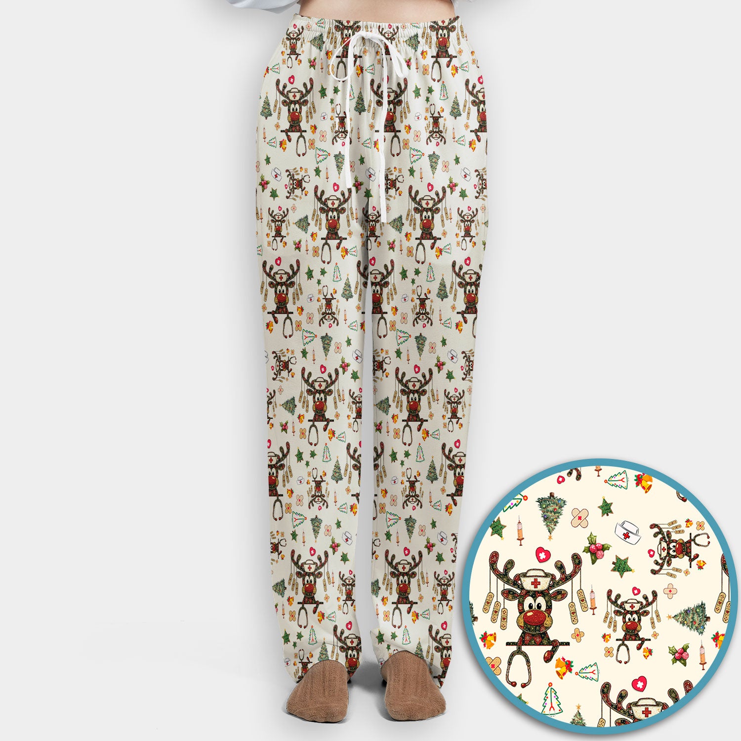 Reindeer Christmas Nurse Scrub Set - Funny Holiday Scrubs Pants and V Neck Top - Cute Medical Uniform for Women